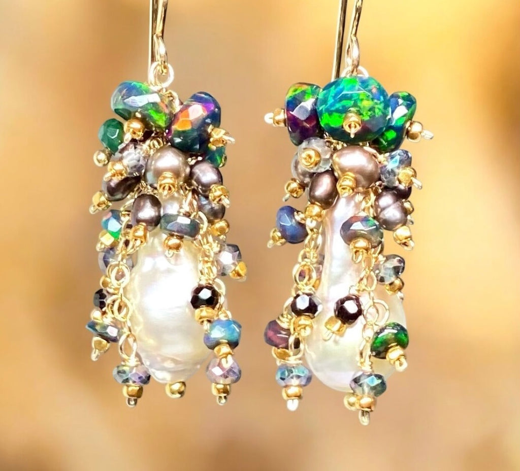 Baroque Pearl Earrings with Fiery Black Ethiopian Opals 2