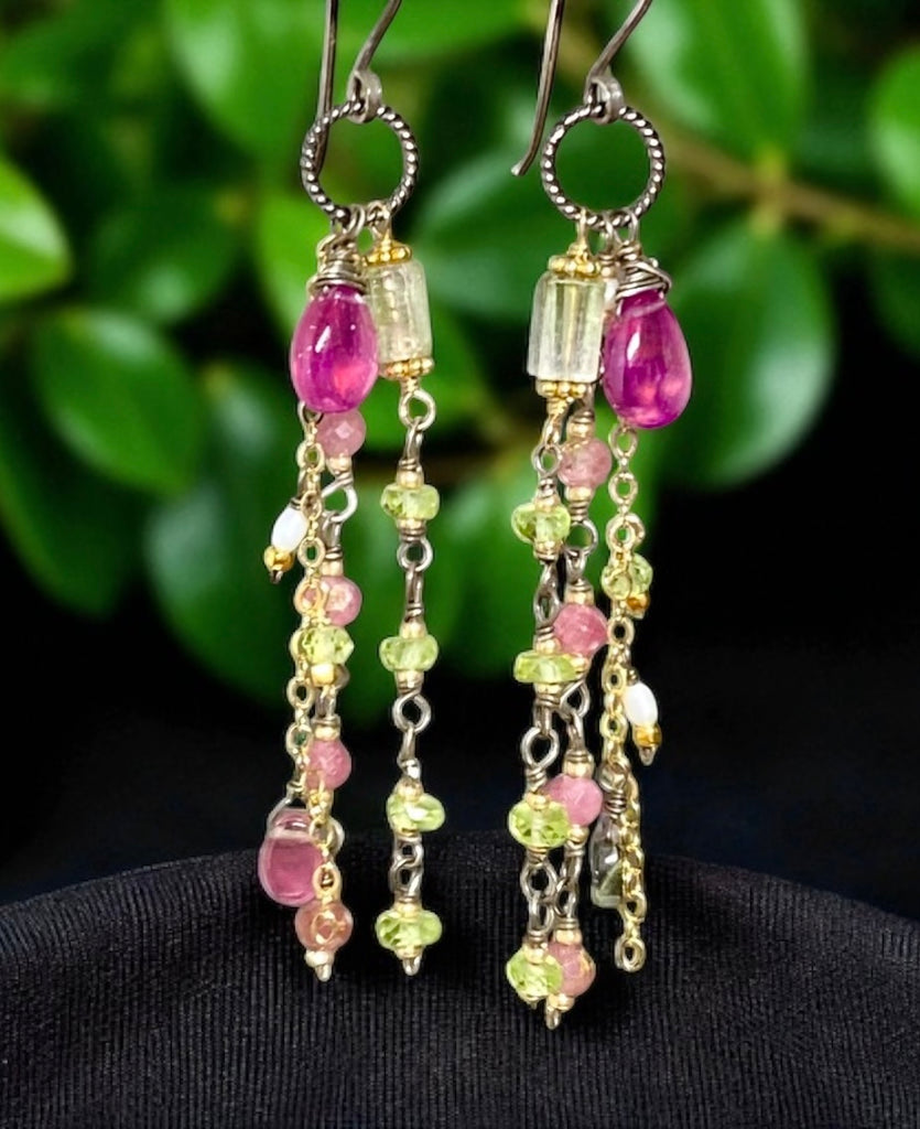 Pink Sapphire, Peridot and Tourmaline Gemstone Long Dangle Earrings