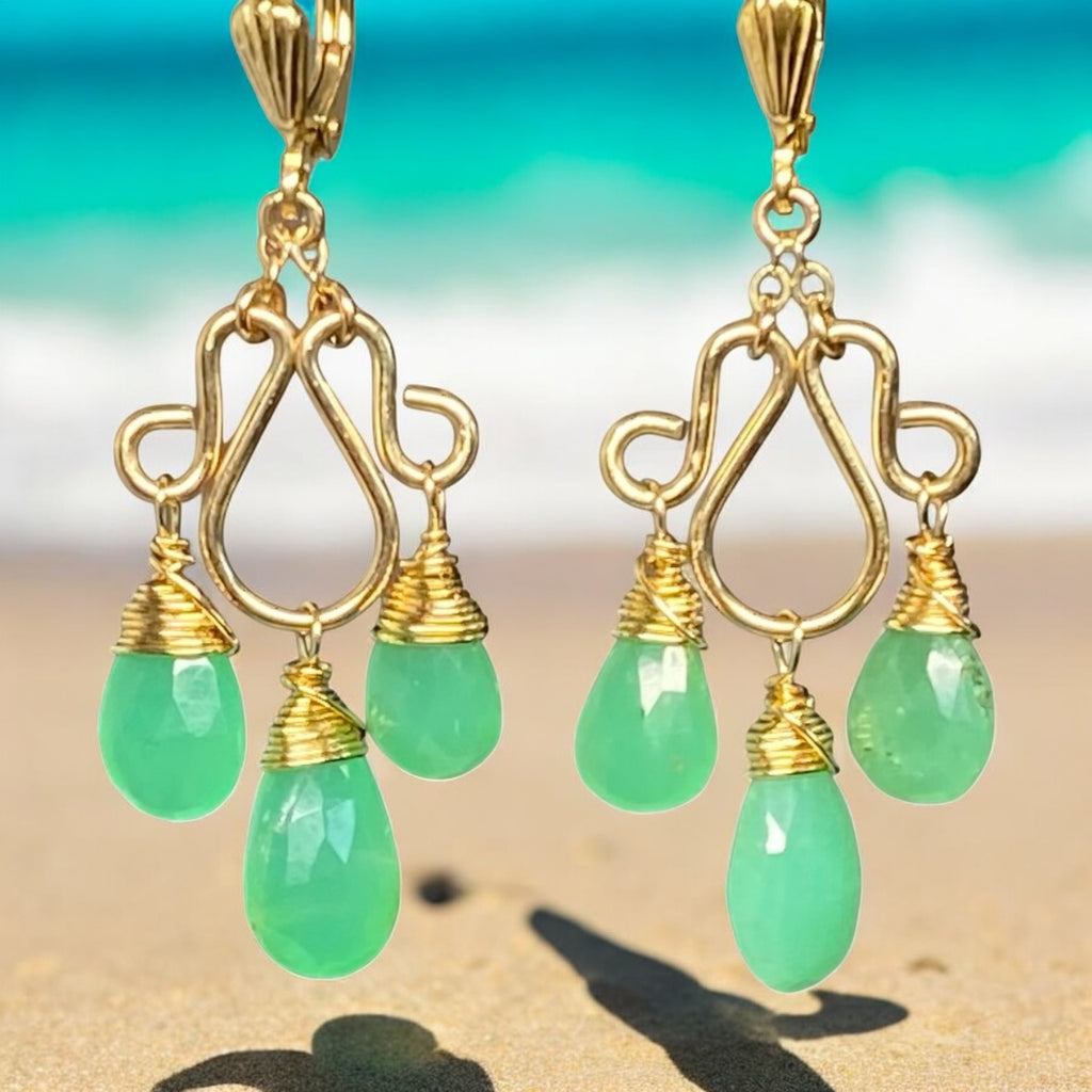 Green Chrysoprase Gemstone Chandelier Earrings Gold