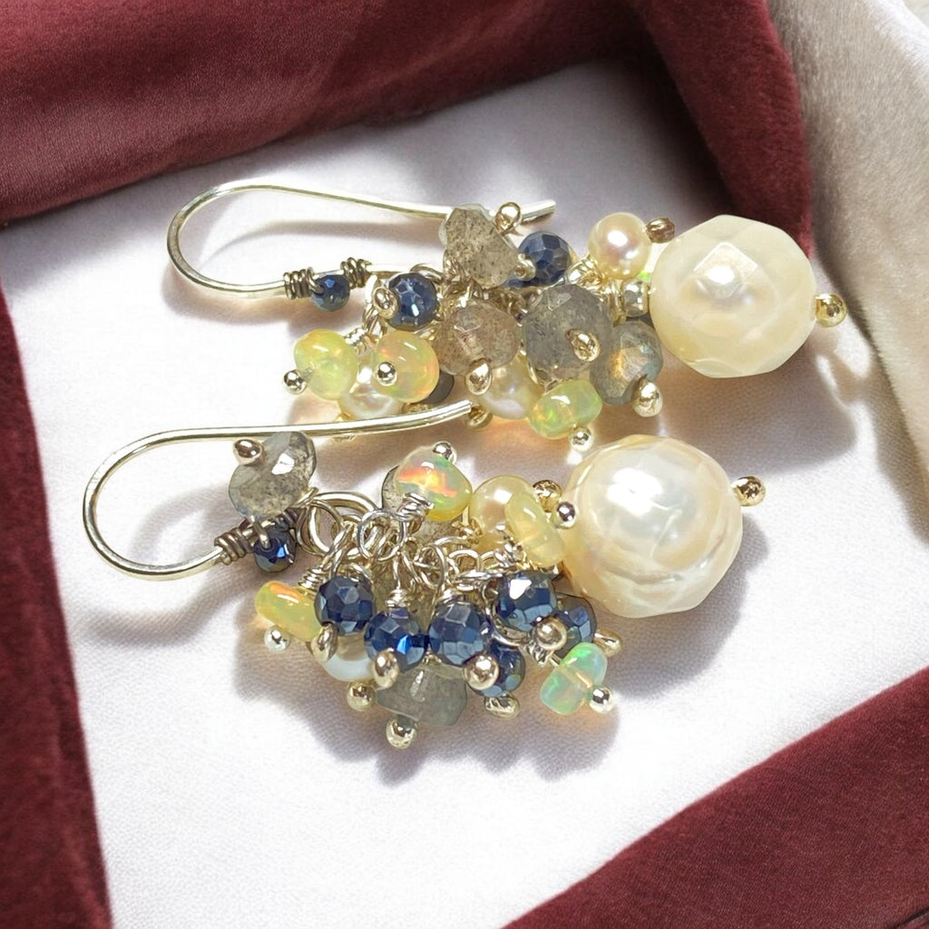 Petite Laser Pearl Cluster Earrings, Black, White, Labradorite, Opals