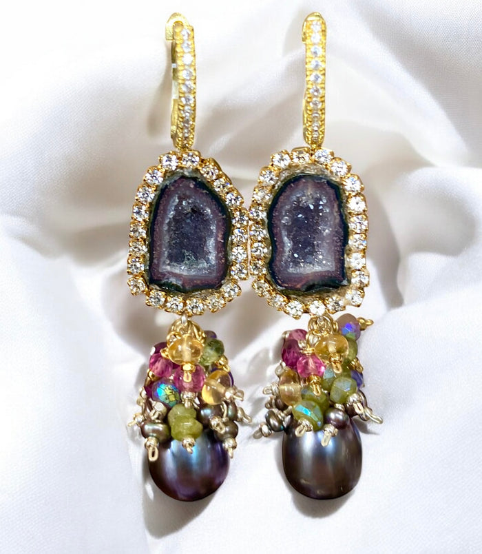 Tabasco Geode Earrings with Peacock Pearls and Gemstone Clusters