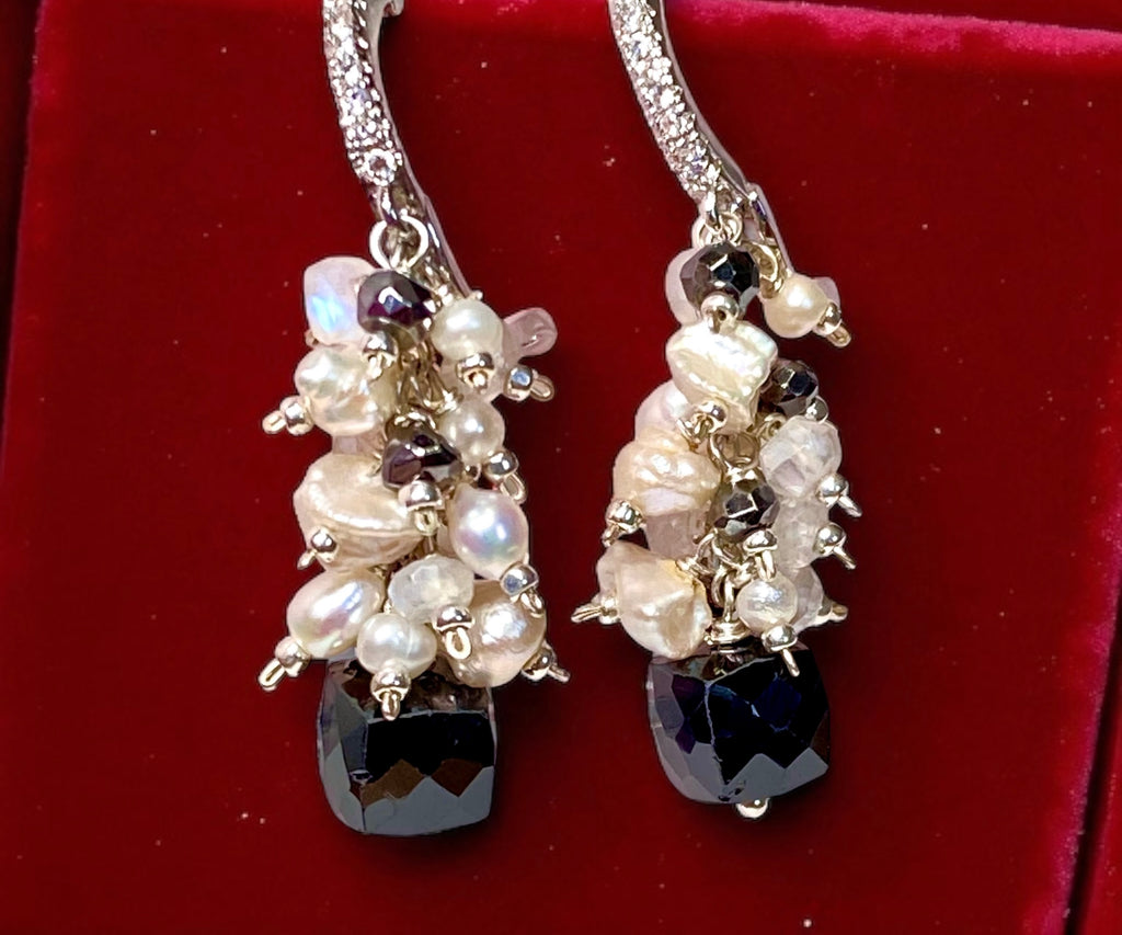 Black Spinel, Pearl and Moonstone Cluster Earrings