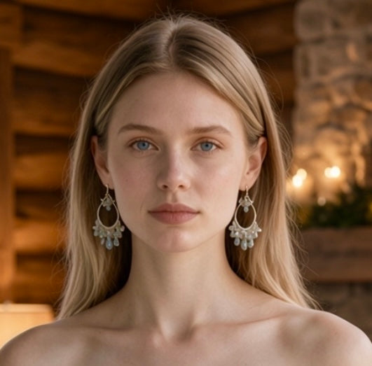 A close-up portrait of a woman with blonde hair wearing large sterling silver hoop chandelier earrings with  shimmering blue stones, set against a warm wooden interior background.