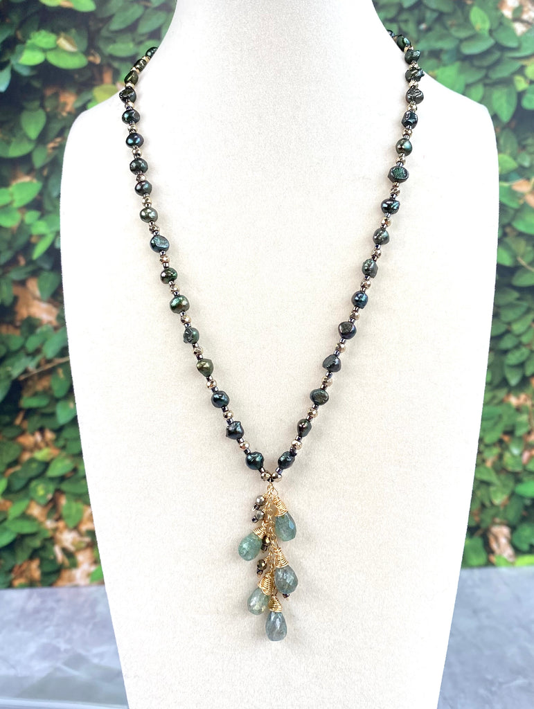 Green Moonstone and Pearl Silk Knot Pendant Necklace