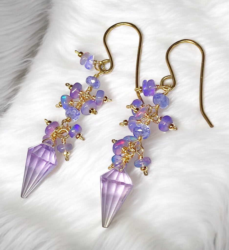 Amethyst Rose de France and Lavender Opal Dangle Earrings Gold Fill