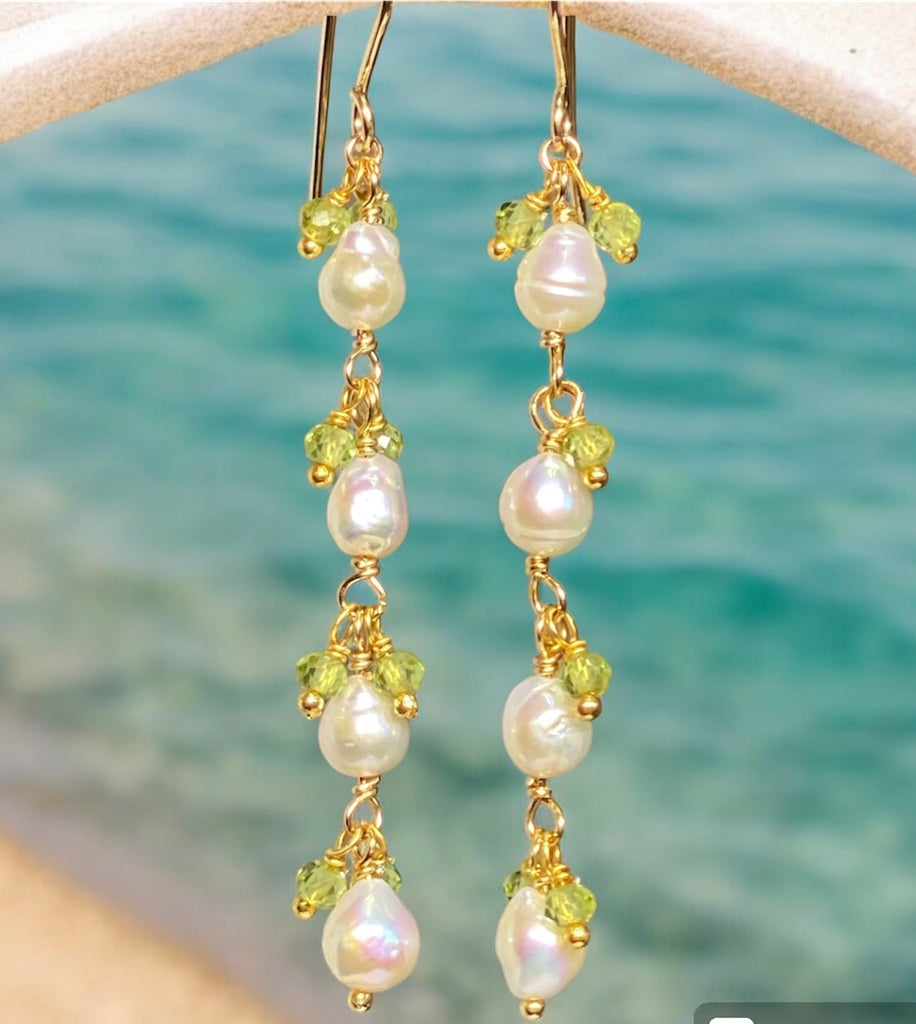 Peridot and Pearl Long Dainty Earrings Gold Fill