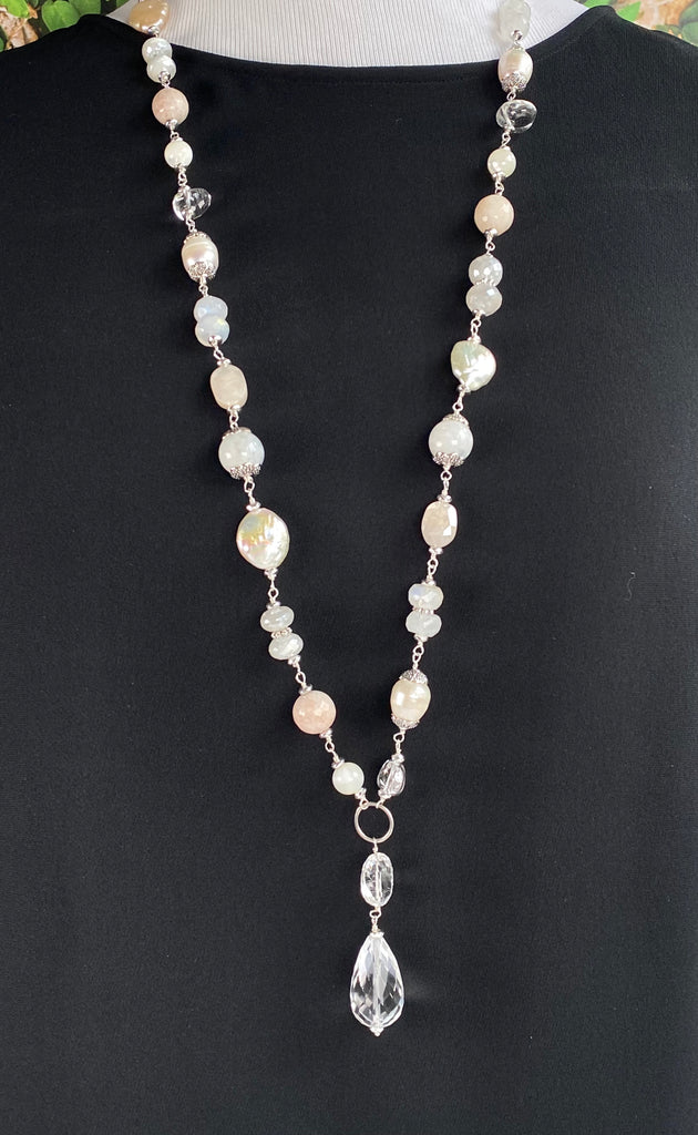 Crystal Quartz Moonstone Pearl Aventurine Long Necklace Sterling Silver - Doolittle