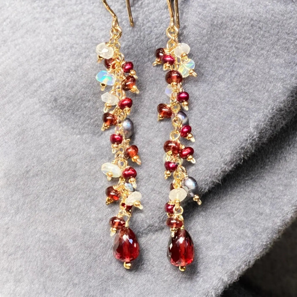Red Garnet Cranberry Pearl and Opal Long Dangle Earring, Gold