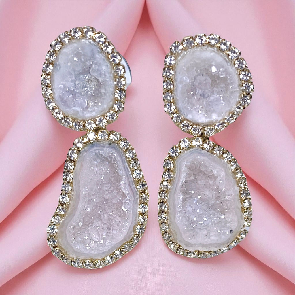 Blush Ivory Double Geode Earrings Diamond Bezel Style Tabasco Geodes