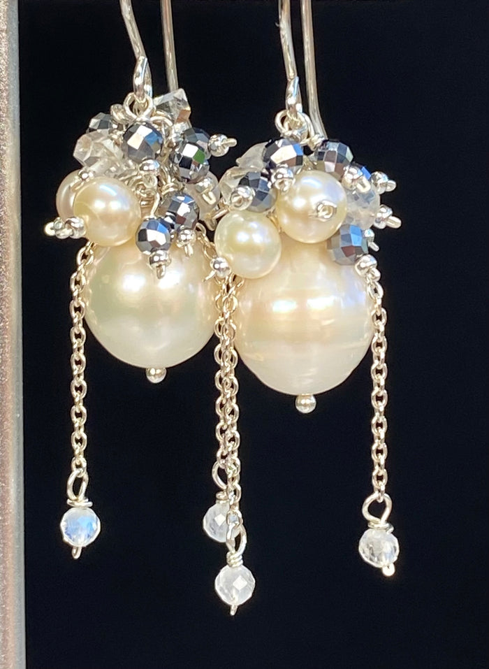 Ivory Pearl Cluster Earrings with Moonstone, Mystic Quartz & Herkimer Diamond