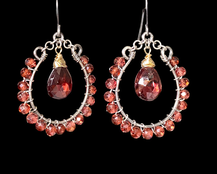 Red Garnet Hoop Earrings in Mixed Metals: Gold Fill and Oxidized Sterling Silver