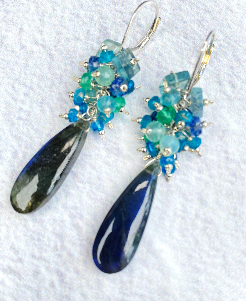 Blue Labradorite Long Gemstone Cluster Earrings in Blue, Green, Sterling Silver