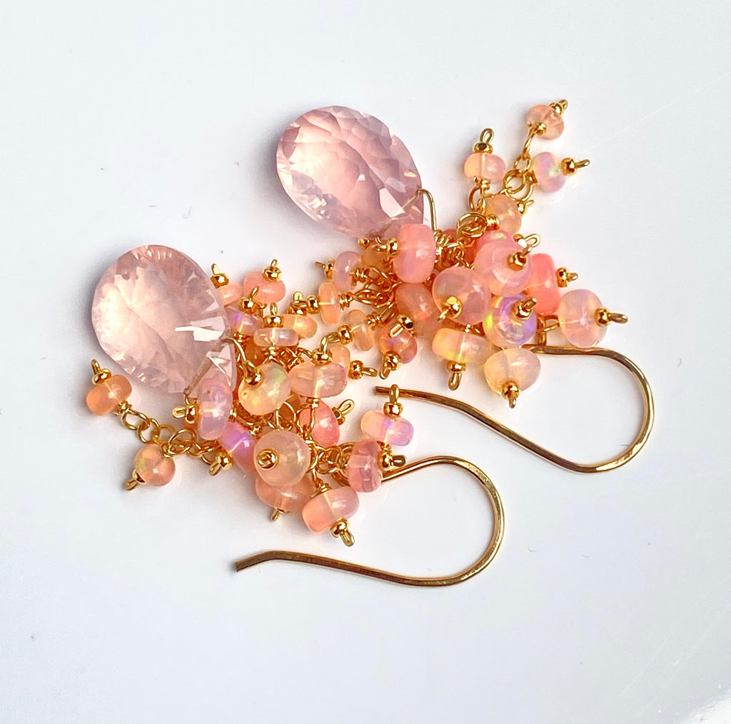Pink Opal Cluster Earrings Rose Quartz Concave Cut Briolette Earrings Gold