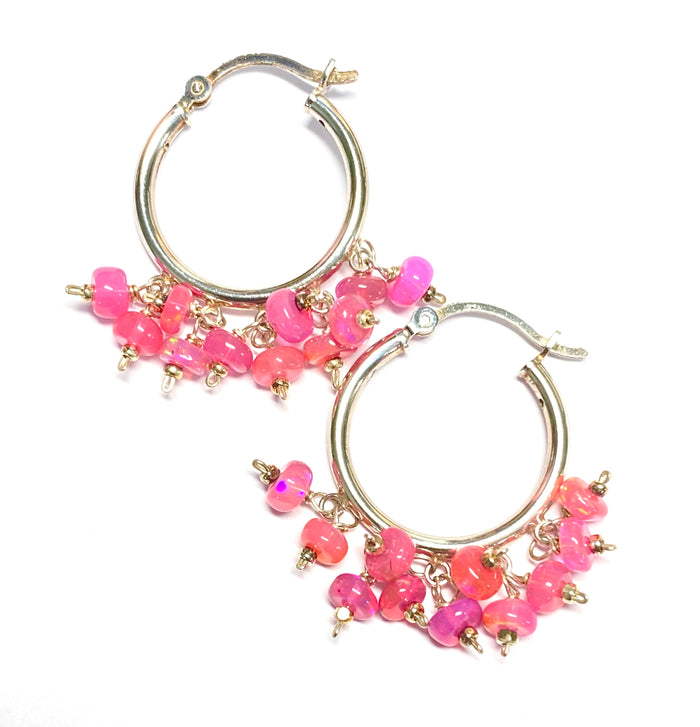 Sterling Silver Hoop Earrings with Hot Pink Ethiopian Opals