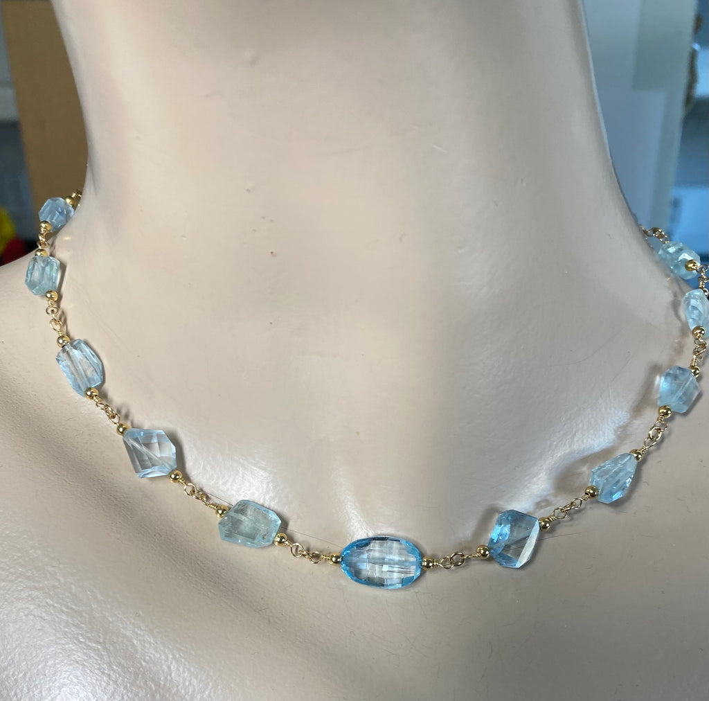 Blue Topaz and Aquamarine 14K Gold Fill Necklace Rosary Style Wire Wrap