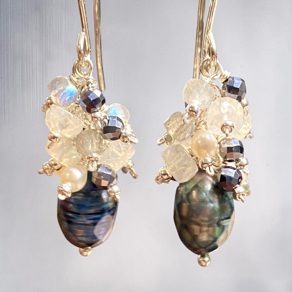 Petite Peacock Pearl Cluster Earrings — Pearl, Moonstone, Labradorite, Mystic Black Terahertz