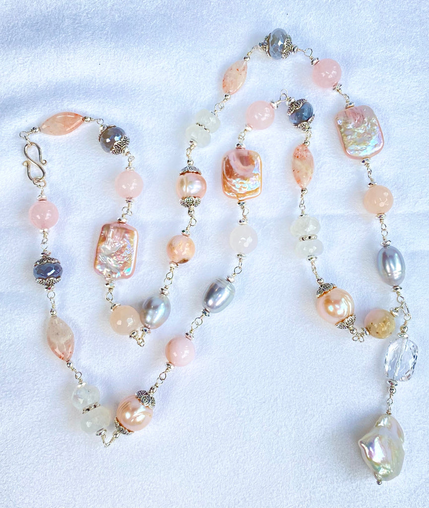 Blush Pink Baroque and Silver Pearl Long Sautoir Necklace — Rainbow and Grey Mystic Moonstone Rose Quartz