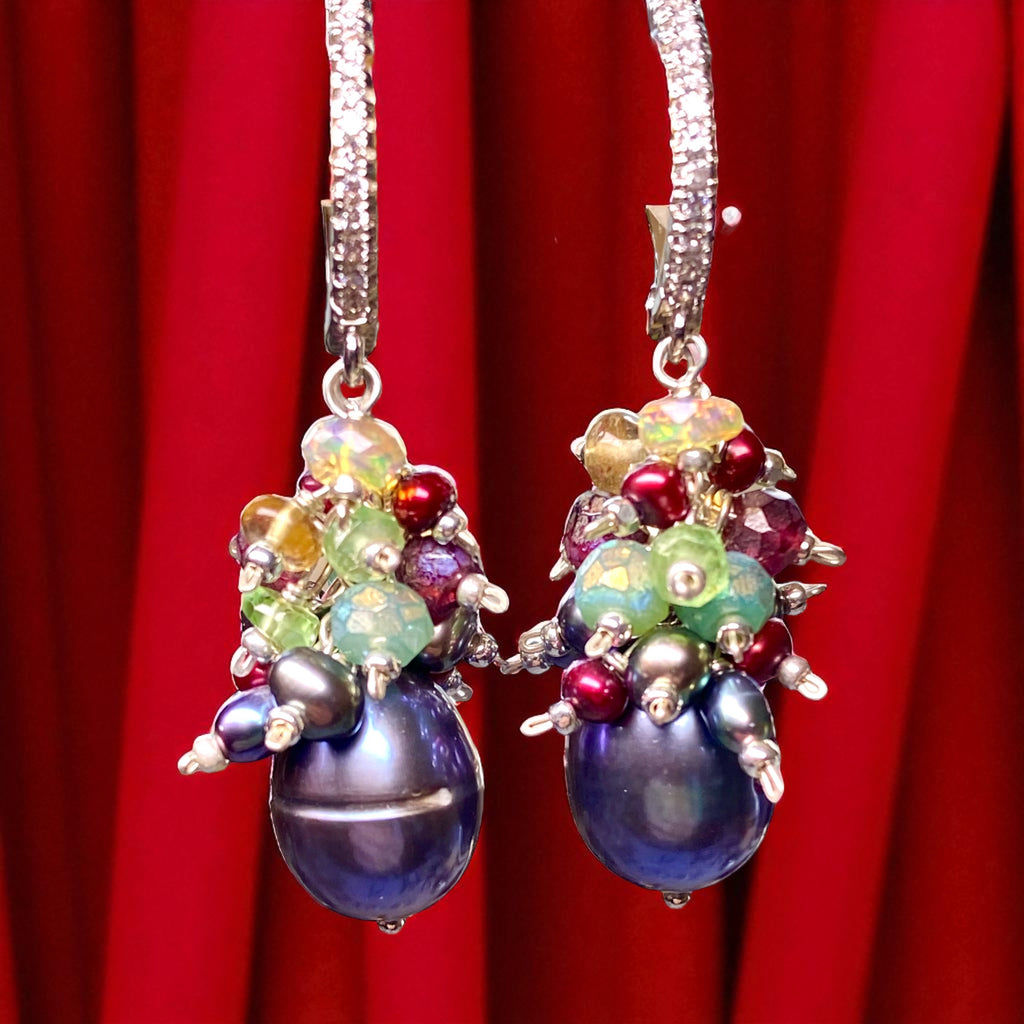 Grey Pearl Earrings with Colorful Gemstone Clusters in Sterling Silver