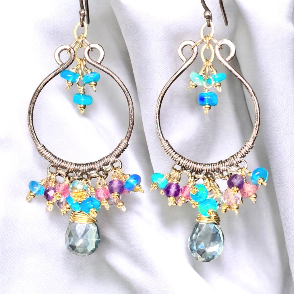 Oxidized Silver Hoop Chandelier Earrings, Aqua Opal, Pink Sapphire, Mixed Metals 1