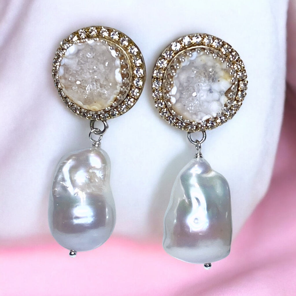 Handmade Ivory White Tabasco Geode Wedding Earrings Post with Baroque Pearl Drops