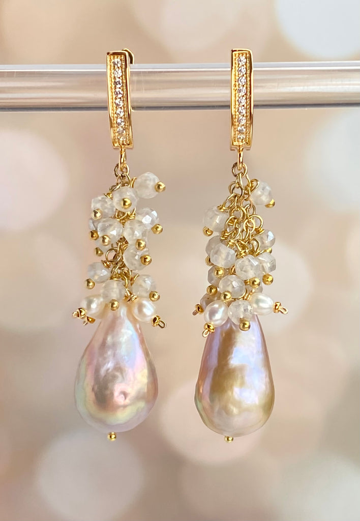 Baroque Flameball Gold Silver Metallic Pearl Earrings with Mystic Crystal Clusters Gold Fill