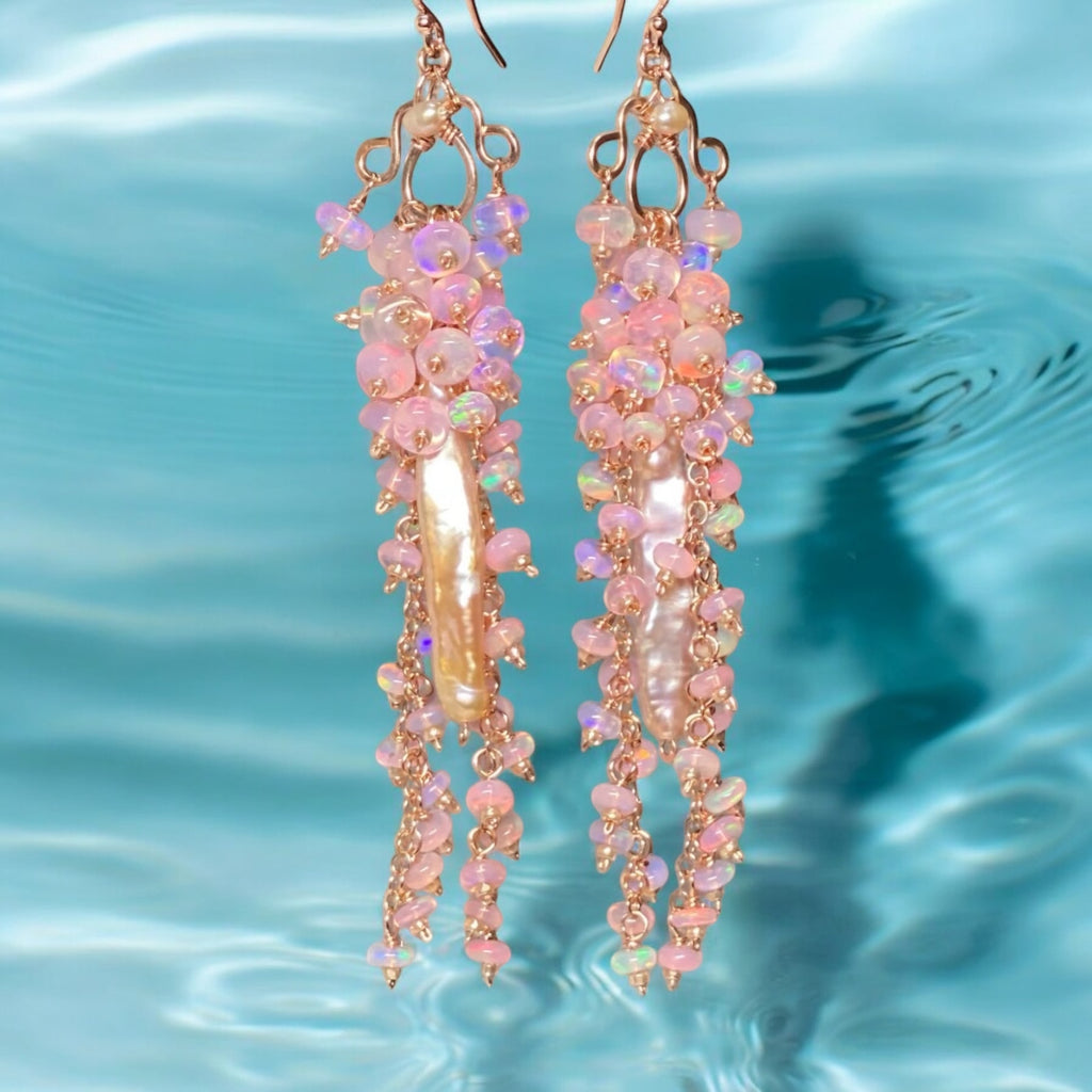 Blush Biwa Pearl Earrings Long Baby Pink Opal Clusters Rose Gold 2