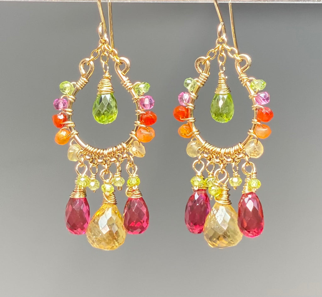 Colorful Gemstone Chandelier Earrings:  Peridot, Citrine, Fuchsia Pink Quartz, Gold Fill