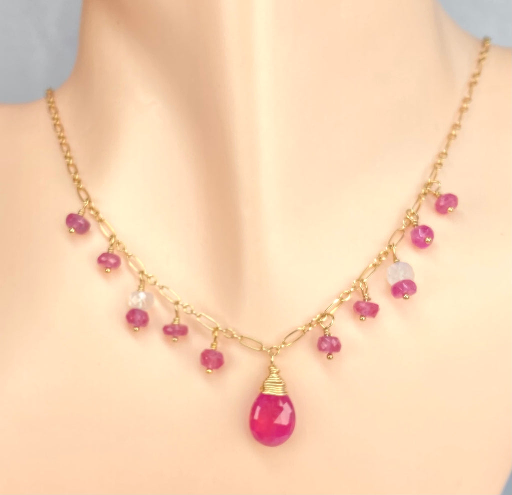 Pink Sapphire & Moonstone Necklace and Earrings Set, 14k Gold Fill