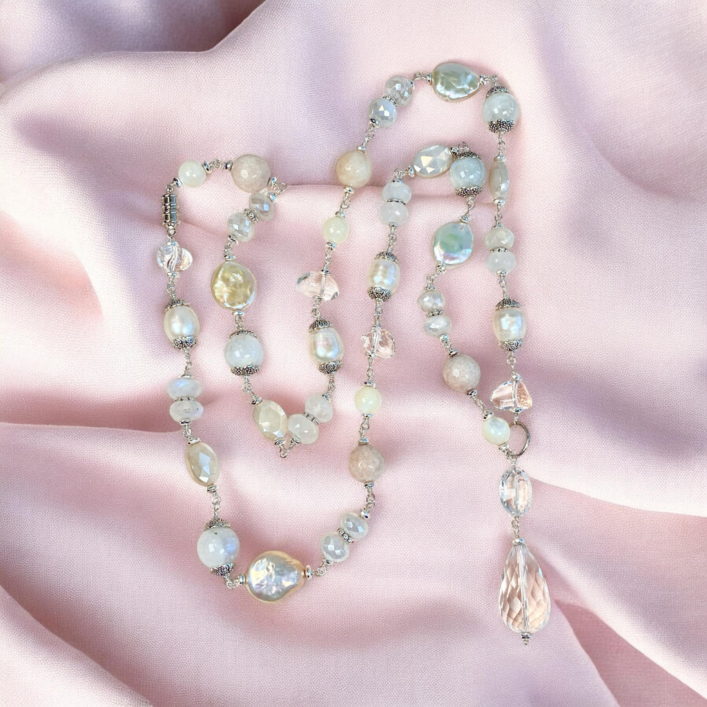 Crystal Quartz Moonstone Pearl Aventurine Long Necklace Sterling Silver