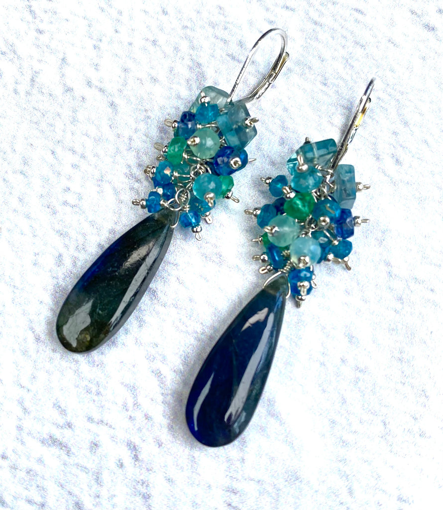 Blue Labradorite Long Gemstone Cluster Earrings in Blue, Green, Sterling Silver