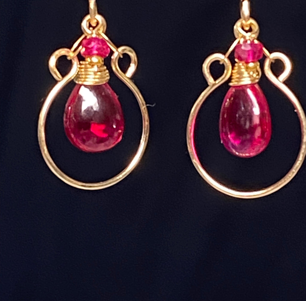 Rubellite Quartz and Ruby Gemstone Hoop Earrings Gold Fill - Doolittle