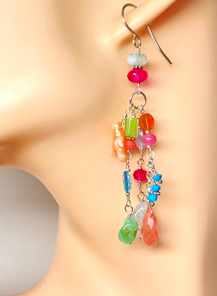 Multicolor Gemstone Dangle Earrings Sterling Silver - Aquamarine, Chrysoprase - Doolittle