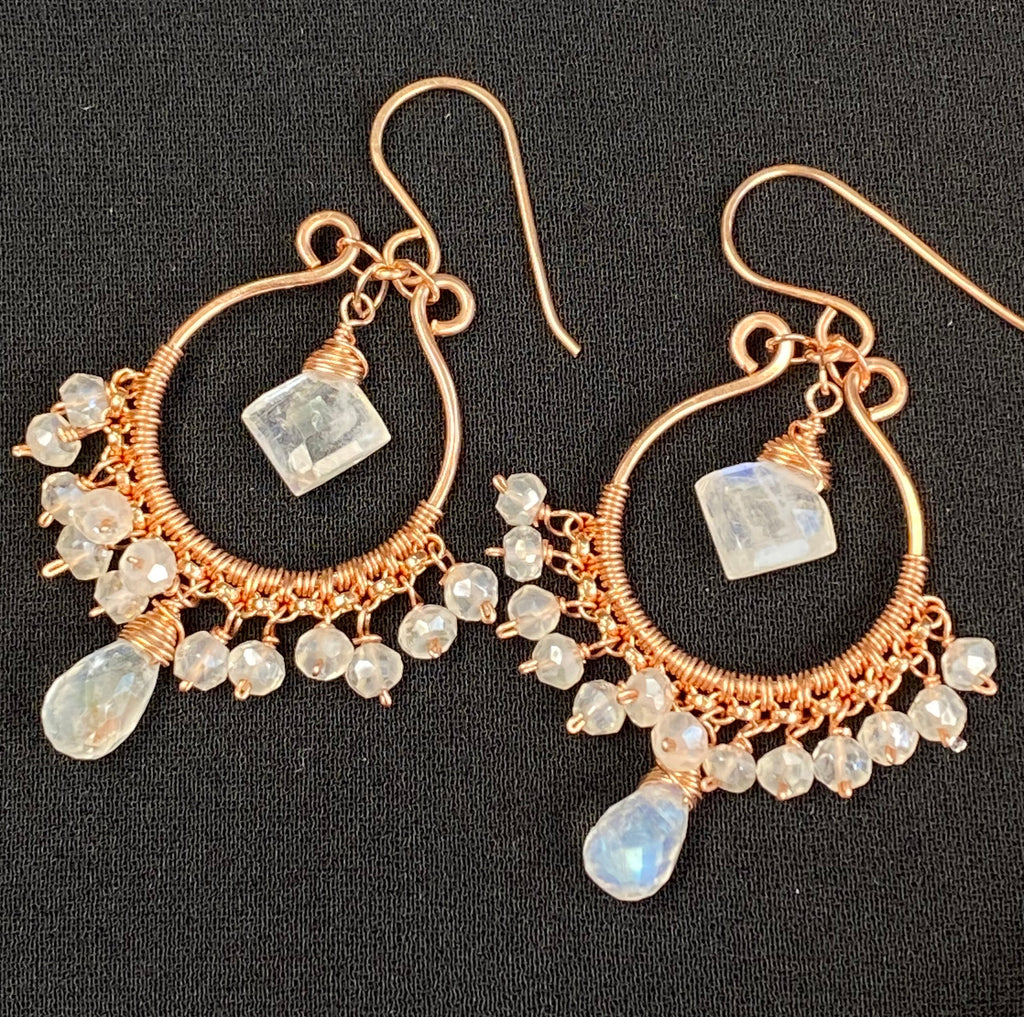 Diamond-Shaped Rainbow Moonstone Rose Gold Hoop Chandelier Earrings - Doolittle