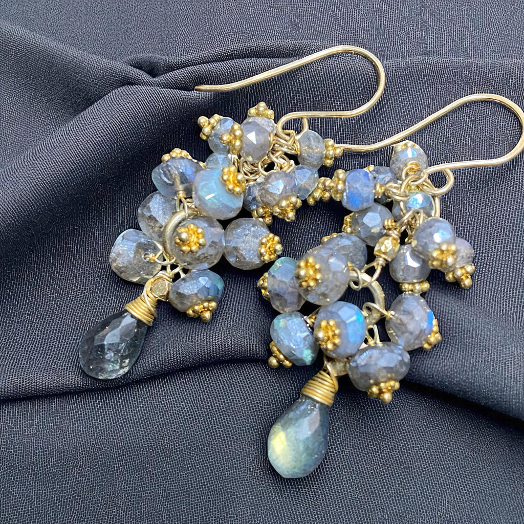 Mystic Labradorite Cluster Earrings Gold Vermeil