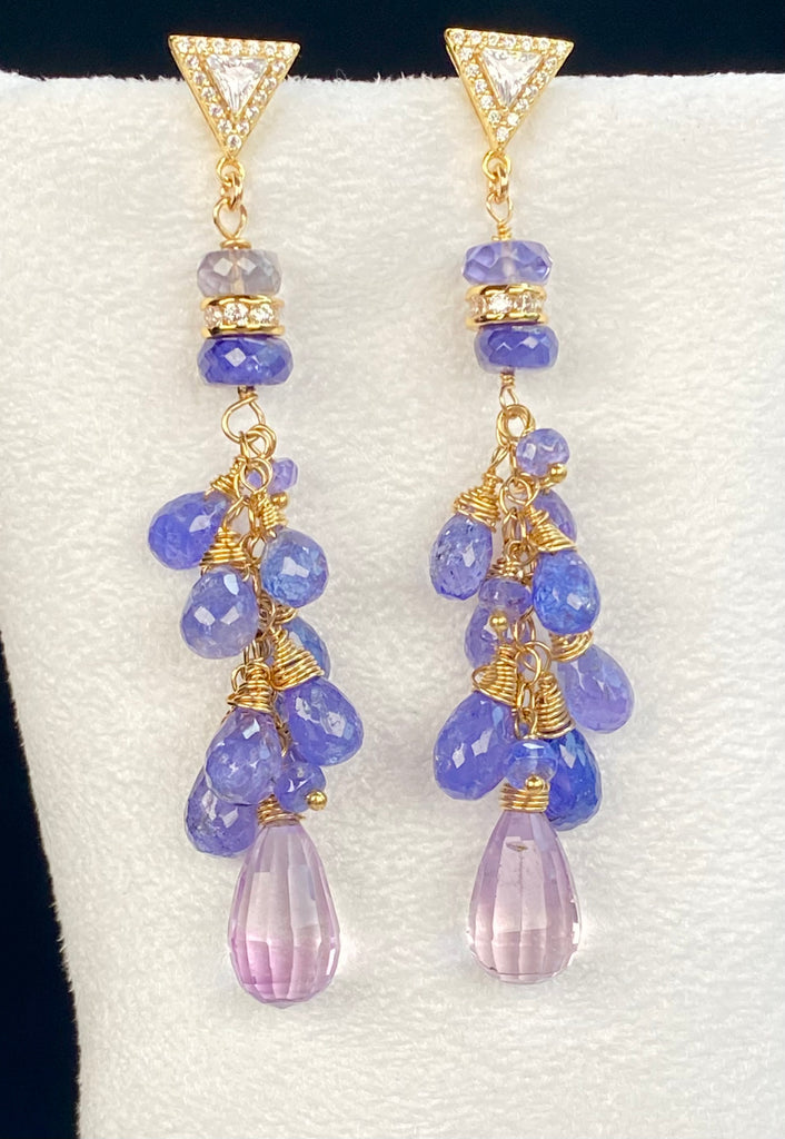 Tanzanite Long Tassel Dangle Earrings Gold Fill