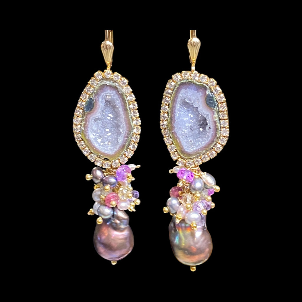 Grey Tabasco Geode and Baroque Pearl Cluster Dangle Earrings - Pink, Plum, Grey