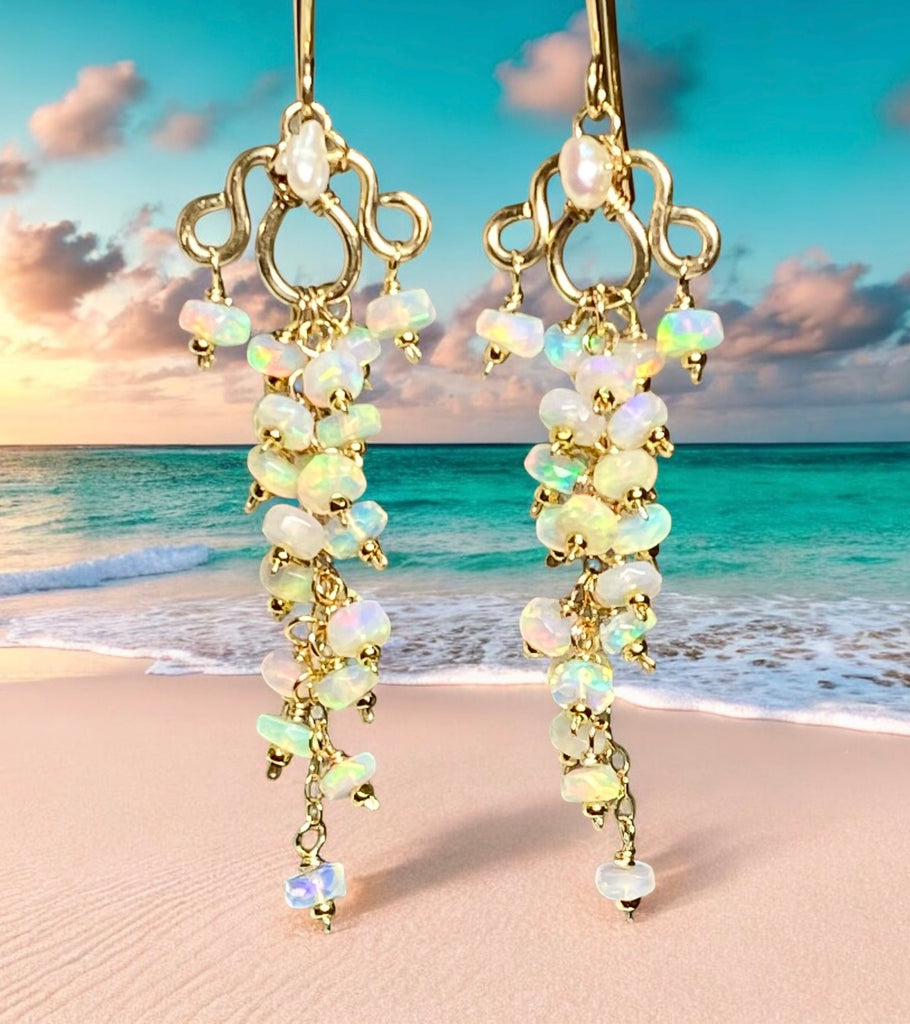 White Ethiopian Opal Chandelier Tassel Earrings Gold Fill