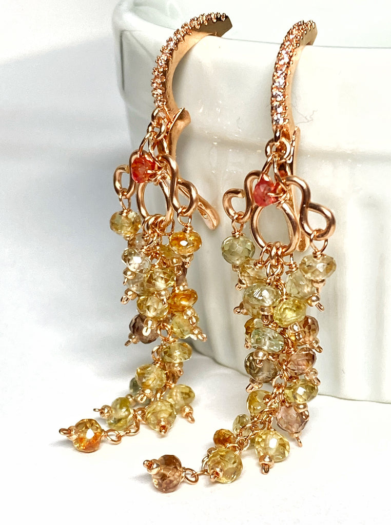 Natural Gemstone Zircon Cluster Dangle Earrings Rose Gold Fill