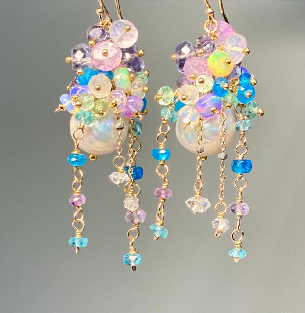 Edison Pearl Barque Cluster Earrings Gold Fill, Lavender, Blue, Aqua Green