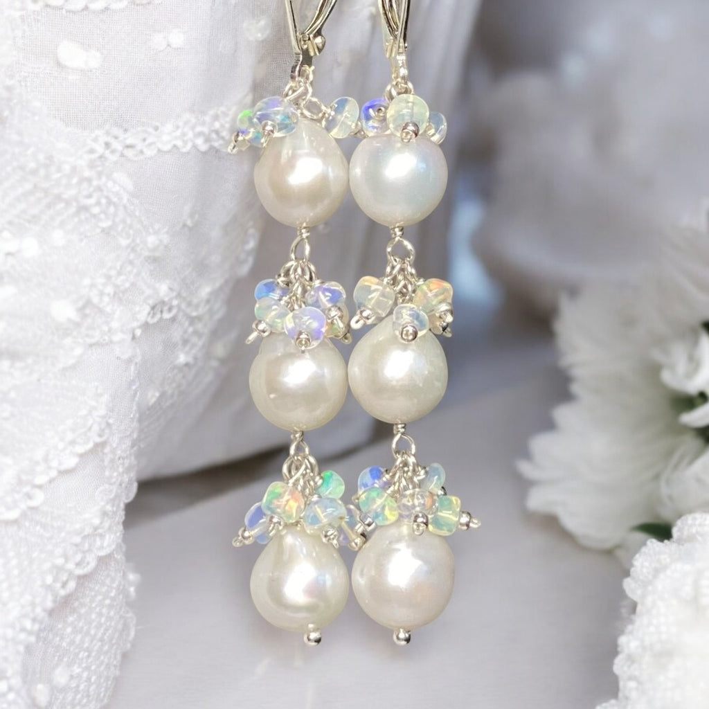 Pearl and Ethiopian Opal Long Dangle Earrings Sterling Silver