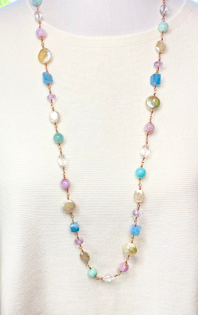 Long Multi Gemstone Pearl Necklace Aquamarine Amethyst Kunzite Rose Gold Fill