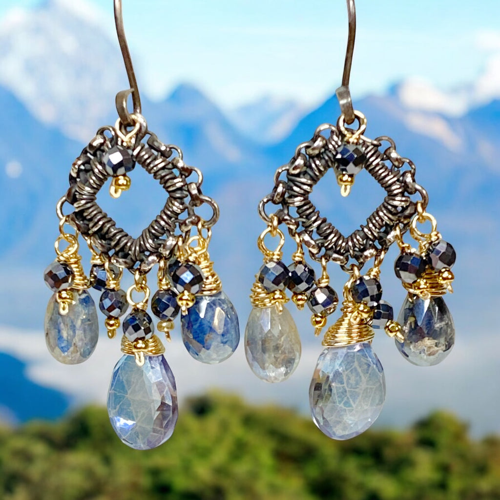 Mystic Blue Quartz Mixed Metal Chandelier Earrings