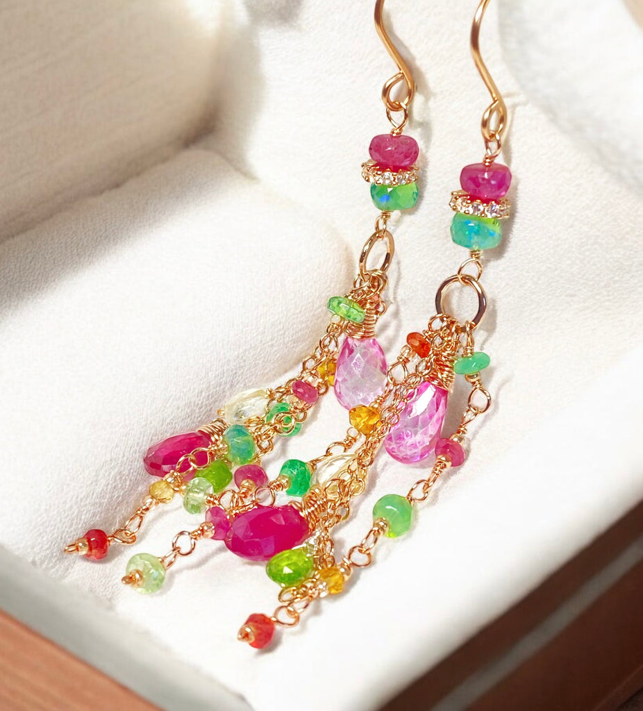 Pink Sapphire, Green Gemstone Rose Gold Long Dangle Earrings