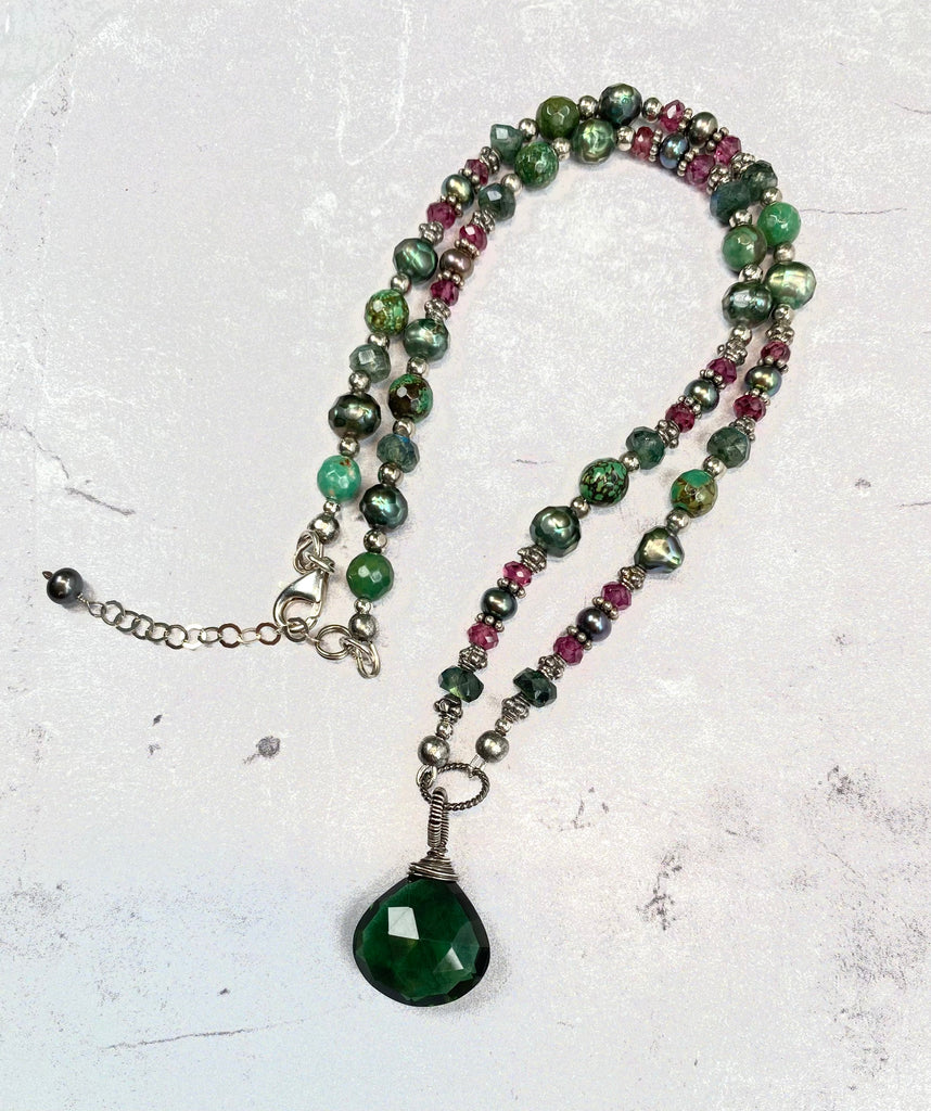 Green Quartz Pendant Necklace: Garnet, Turquoise, Pearl, Moonstone Sterling Silver