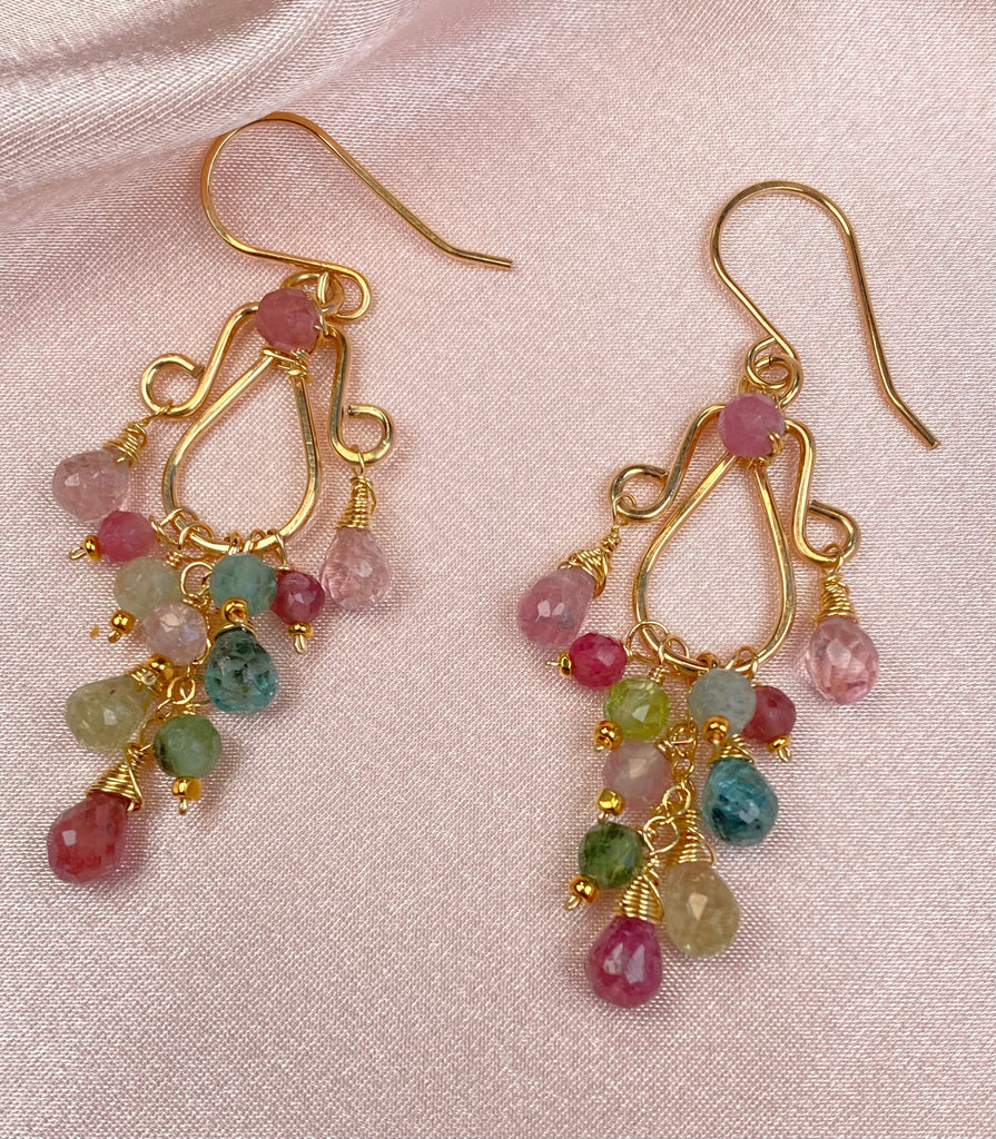 Multicolor Tourmaline Chandelier Earrings — Light Pink, Green & Blue, Gold Fill