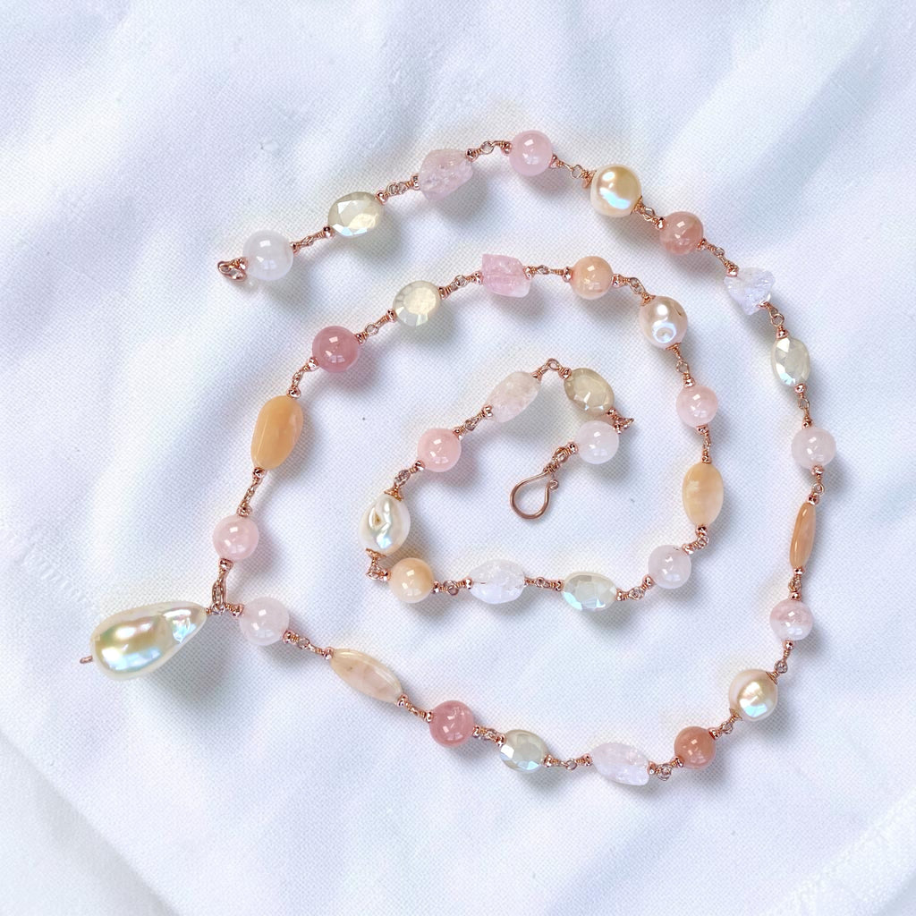 Pink Blush Pearl and Gemstone Long Pendant Necklace Rose Gold Fill Wire Wrap