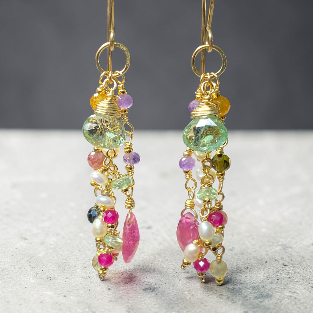Green Tourmaline Pink Sapphire Gemstone Long Boho Dangle Earrings Gold Fill
