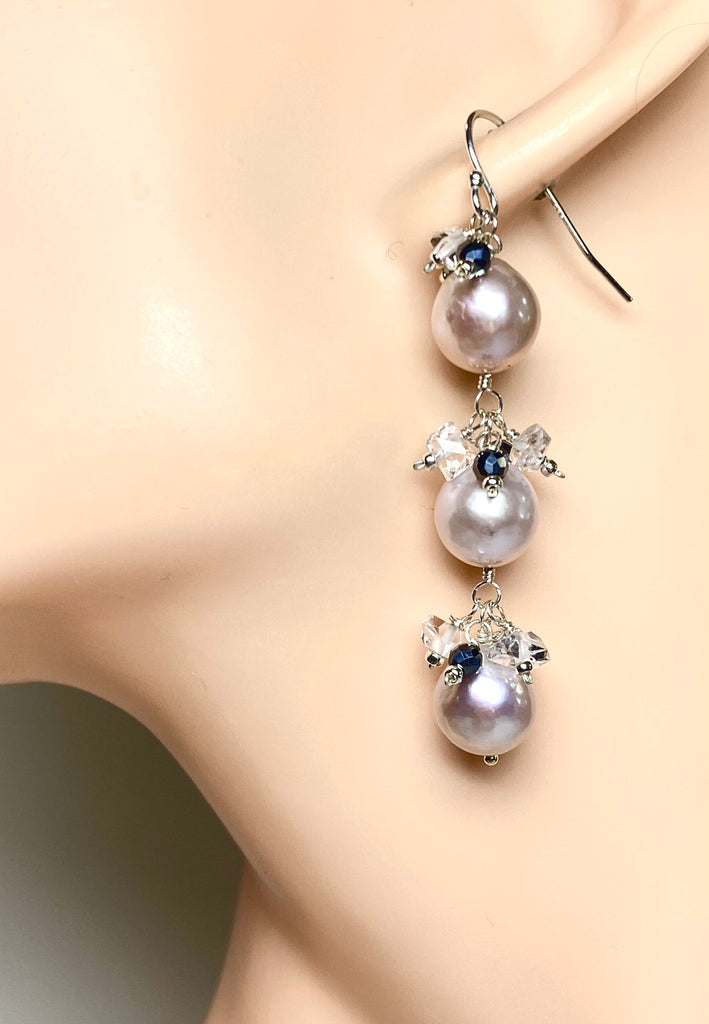 Long Blush Pearl Earrings with Sparkly Gems, Sterling Silver