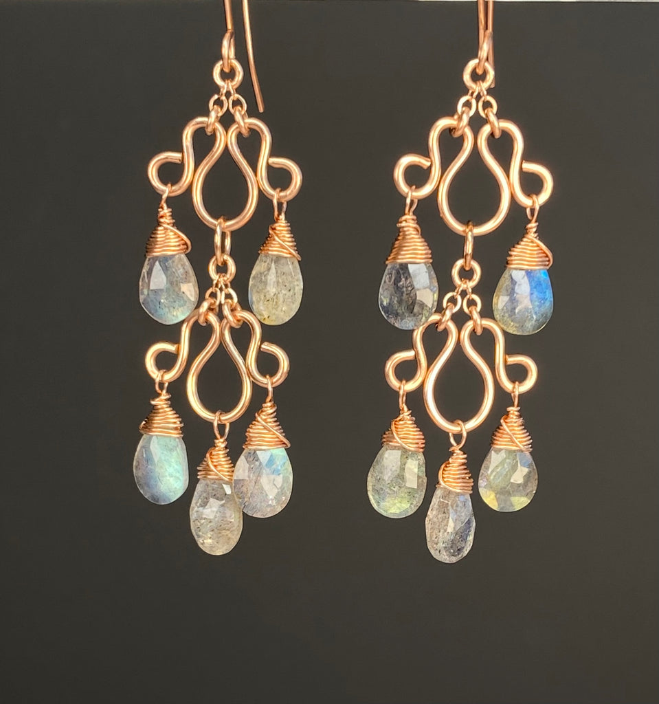 Front view of rose gold-filled double chandelier earrings against dark grey, with two upper and three lower labradorite drops per earring.