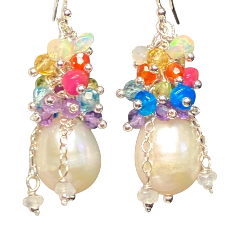 Pearl Earrings with Multi-color Opals and Gemstones in Gold Fill or Sterling Silver